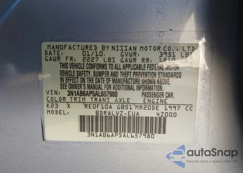 2010 Nissan Sentra 2.0Sl z USA, uszkodzony, nr VIN 3N1AB6AP5AL657980